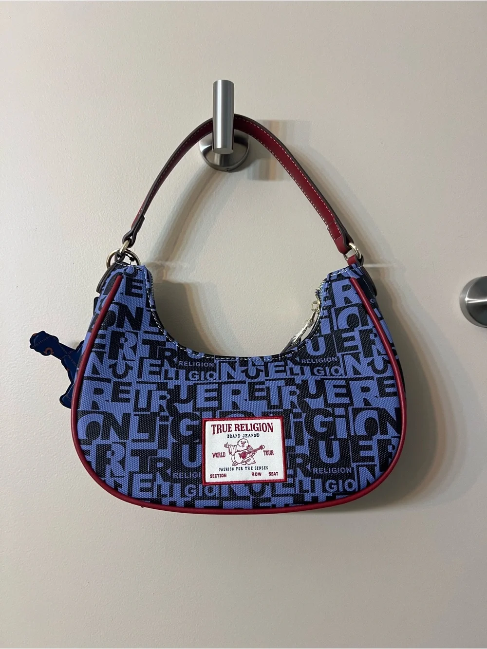 True Religion Blue and Red Logo Hobo with Charm